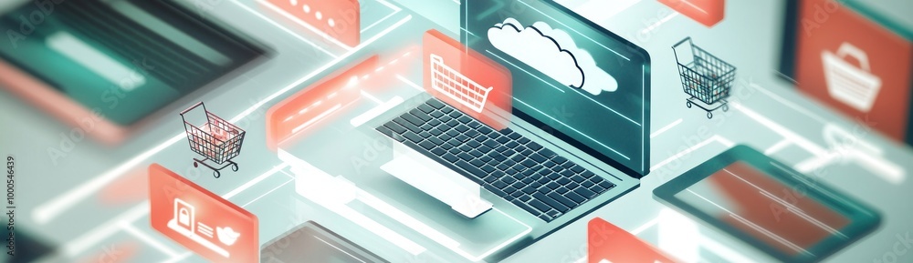 Poster digital interface with e-commerce elements and a laptop.