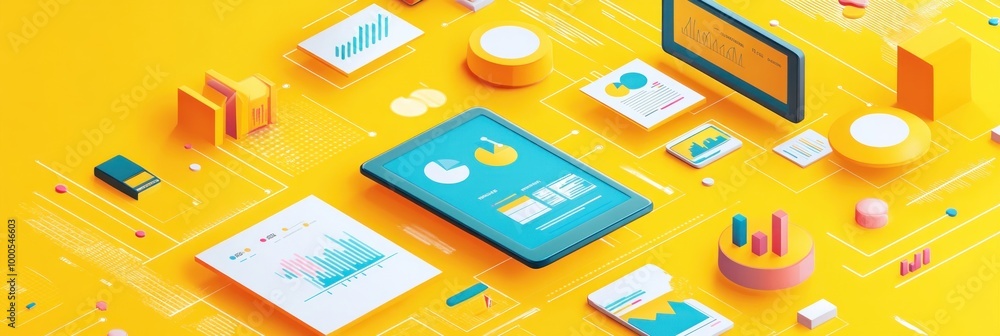 Poster colorful digital graphics depicting data analysis and statistics on a yellow background.