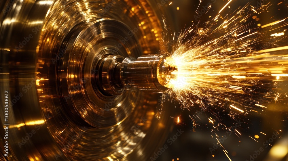 Poster a close-up of a rotating metal component emitting sparks during a machining process.