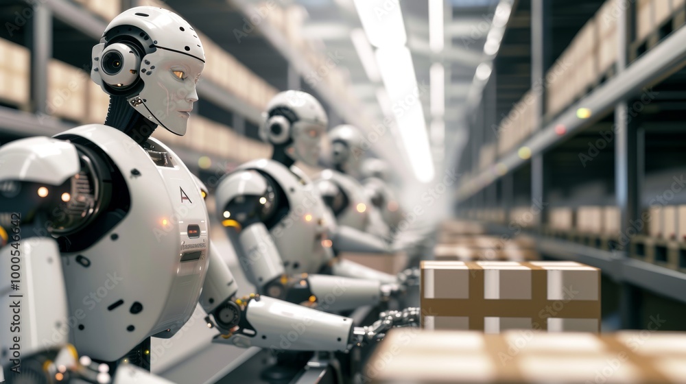 Poster advanced humanoid robots work systematically on a conveyor belt, sorting and handling packages in a 