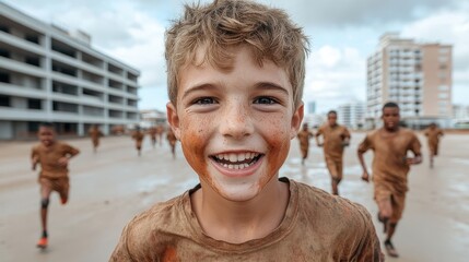 Happy Mud Runner Boy Smiling at the Camera During Race