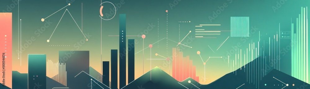 Poster a stylized cityscape with data visualization elements.