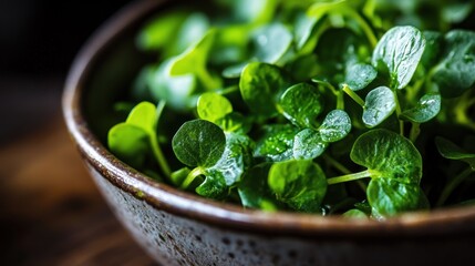 A close-up of fresh green leaves in a rustic bowl, showcasing vibrant colors and textures.