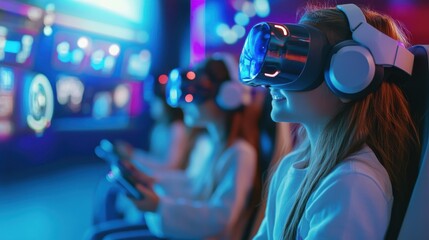 group of children immersed in virtual reality gaming at a high-tech arcade, showcasing the excitement and fun of futuristic entertainment and technology.