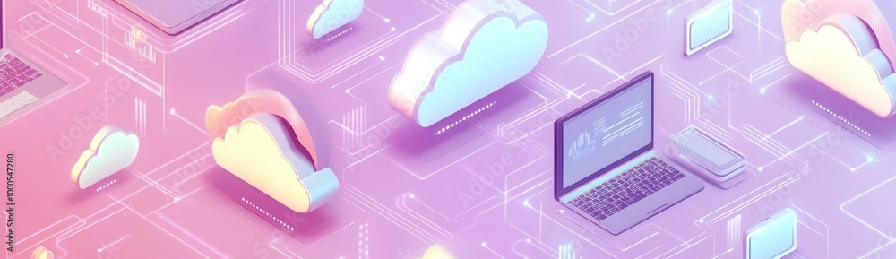 Poster digital illustration of cloud computing with devices and network connections.