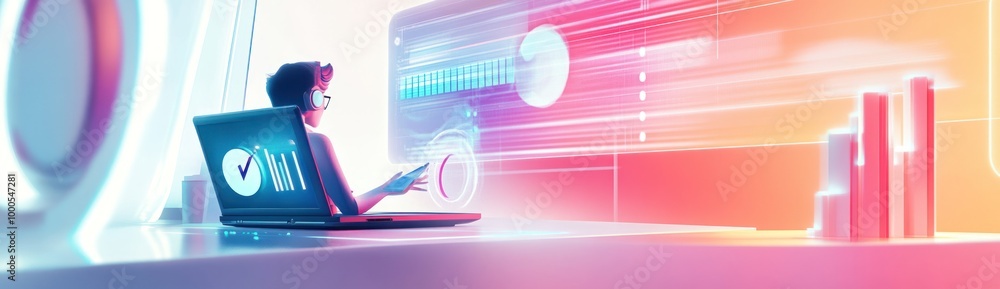 Poster a futuristic workspace with a person analyzing data on a laptop and digital interface.