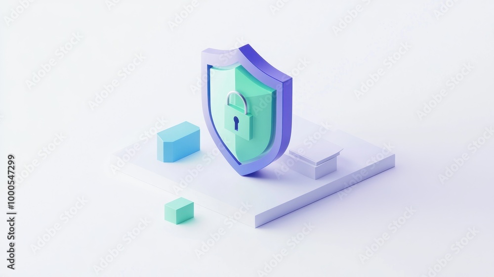 Poster a 3d shield icon with a lock, symbolizing security and protection in digital contexts.