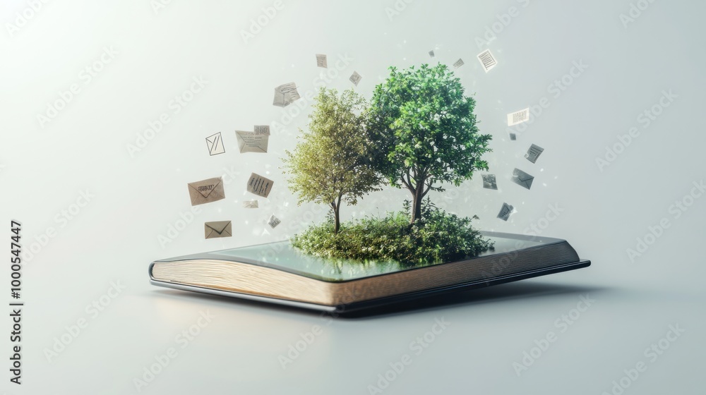 Poster a book with trees and floating letters symbolizes knowledge and nature's connection.