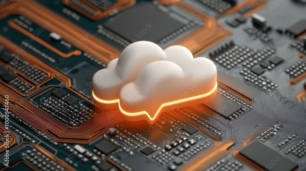 Poster cloud computing symbol on circuit board data storage network technology concept