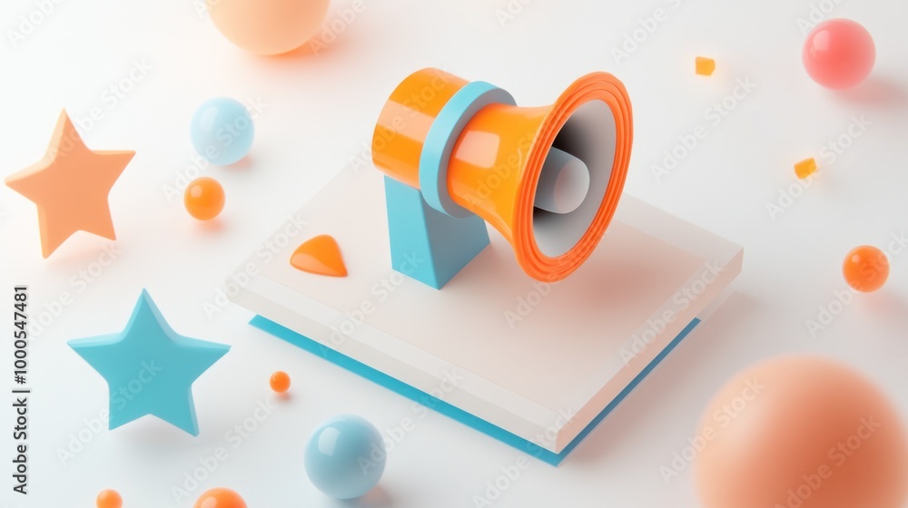 Poster a colorful 3d rendering of a megaphone on a platform surrounded by geometric shapes.