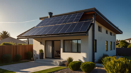 Home with solar panels on the roof under a bright sky. Clean and renewable energy source