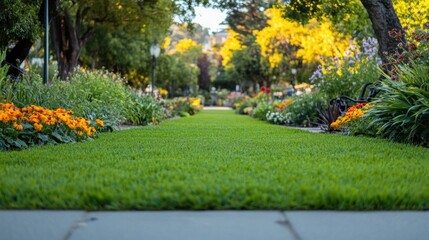 Obraz premium A vibrant garden path lined with flowers and lush grass, inviting strolls and relaxation.