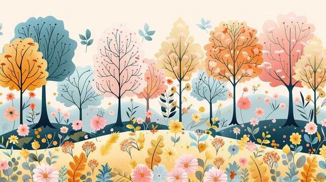 Geometric background with a mix of trees, flowers, and leaves in pastel tones, perfect for enhancing editorial content and promotional graphics with a fresh, modern aesthetic. High resolution