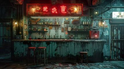 A Grungy Bar in the City: Neon Lights and Empty Stools