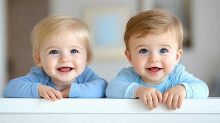 Adorable Twin Baby Boys Smiling and Looking at the Camera