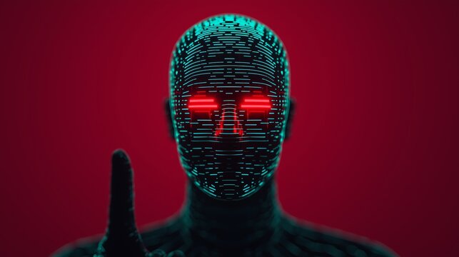 Digital Human with Glowing Eyes and Red Background