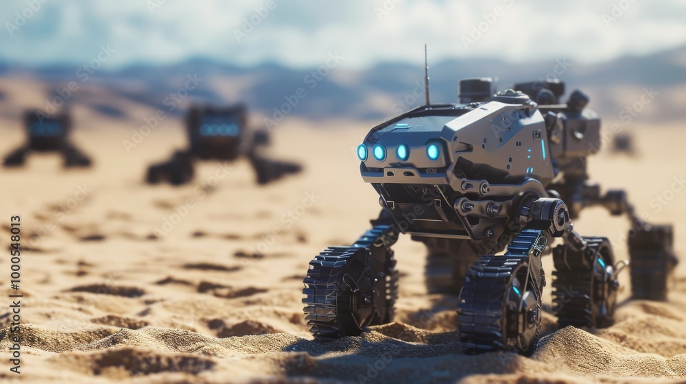 Poster a futuristic, all-terrain robotic vehicle equipped with cameras and sensors moves across a sandy des