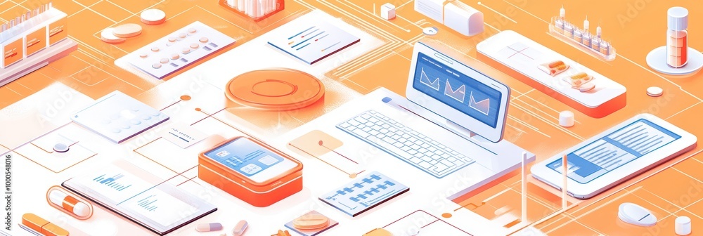 Poster a digital workspace featuring health and technology elements, illustrating data analysis.