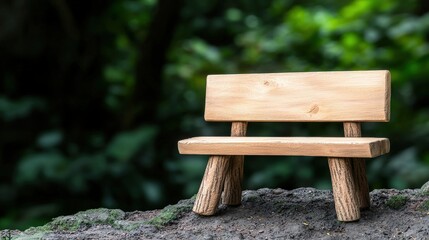 Fototapeta premium Rustic Wooden Bench in Forest Setting Nature Relaxation Park Outdoor Serenity