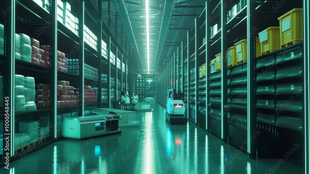 Poster a high-tech, automated warehouse with robots efficiently managing the inventory. the glowing green l