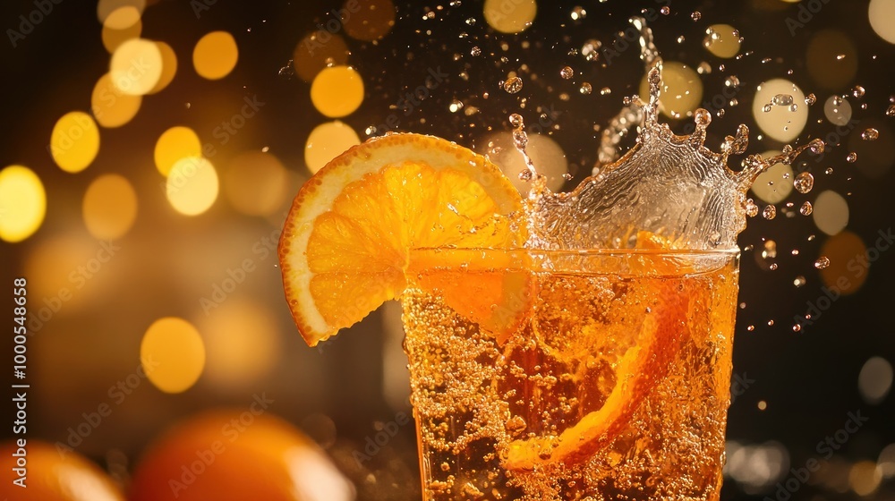 Poster a refreshing drink with orange slices splashing in sparkling liquid.