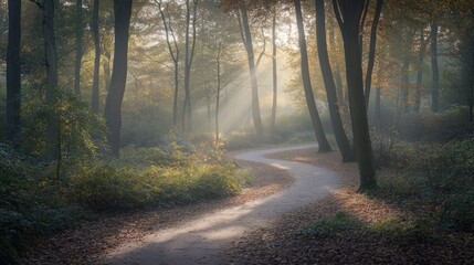 A winding path through a misty forest, illuminated by soft sunlight.
