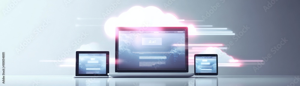 Poster digital devices displaying cloud-based technology concepts.