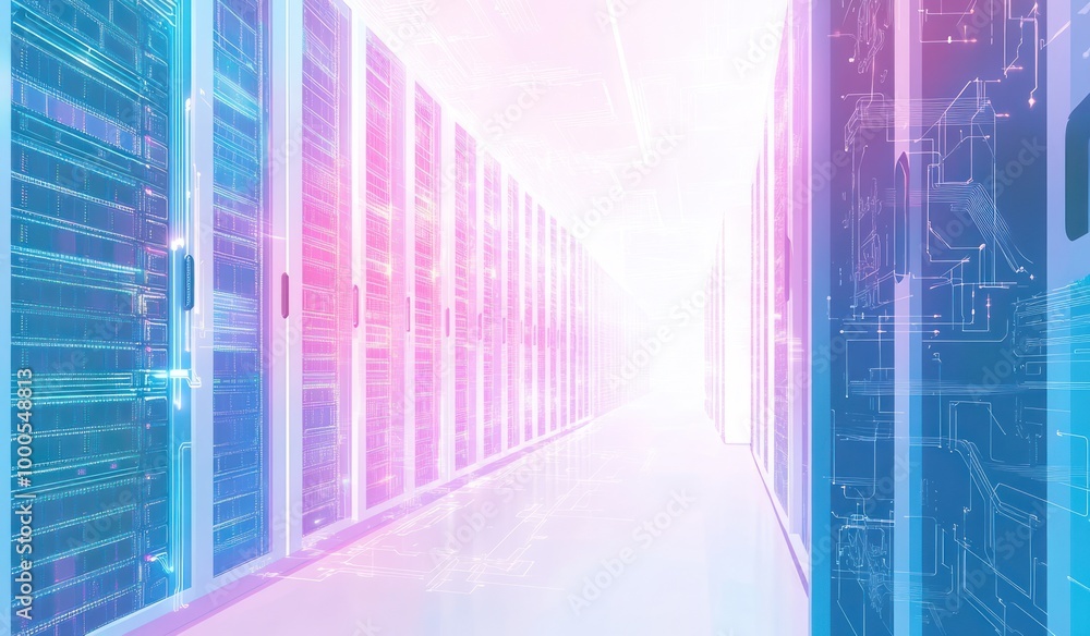 Poster a futuristic data center with illuminated server racks and digital overlays.