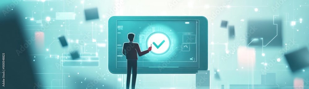 Aufkleber a person interacting with a digital screen displaying a checkmark, symbolizing success.