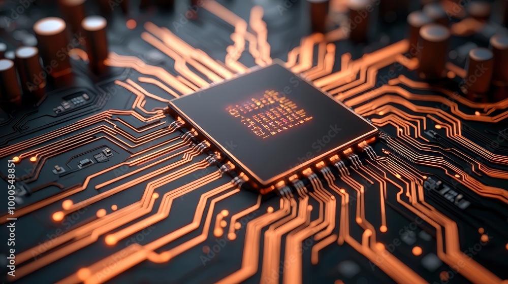 Poster close up of a cpu chip on a circuit board with orange traces