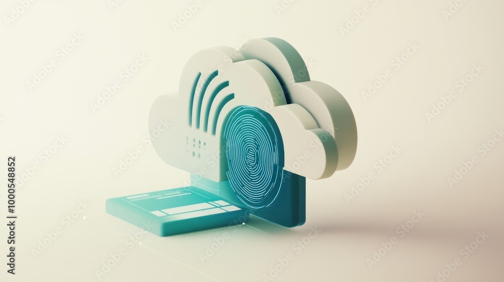 Poster a stylized cloud representing data storage with a fingerprint symbolizing security.