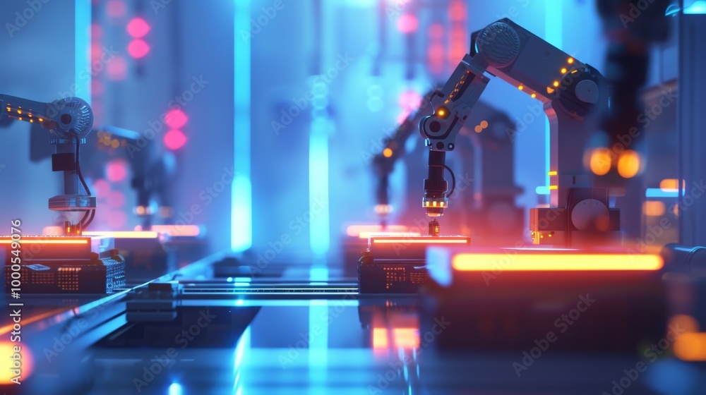 Poster a row of robotic arms in a brightly lit, futuristic factory work in perfect synchronization, creatin