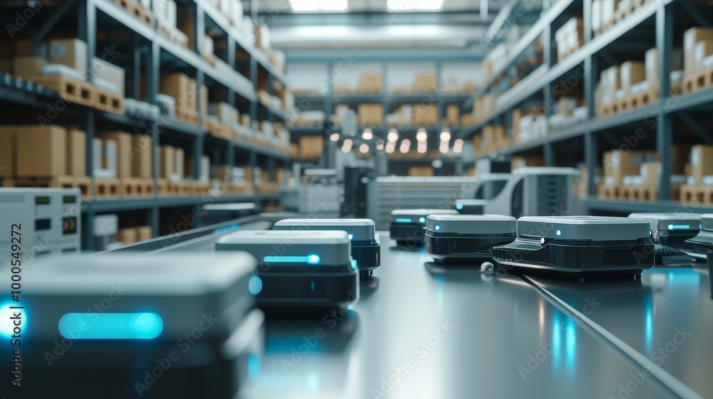 Poster small autonomous robots efficiently navigating a large, modern warehouse. the robots transport goods