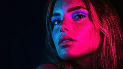 Naklejka premium A close-up portrait of a person with vibrant lighting and makeup highlighting facial features.