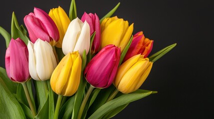 Naklejka premium Colorful Tulip Bouquet Spring Flowers Floral Arrangement Black Background