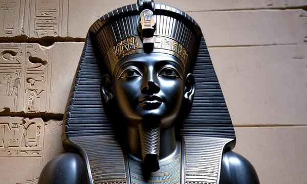 The ebony statue of Osiris is a majestic and timeless depiction, with serene power and intricate hieroglyphs.
