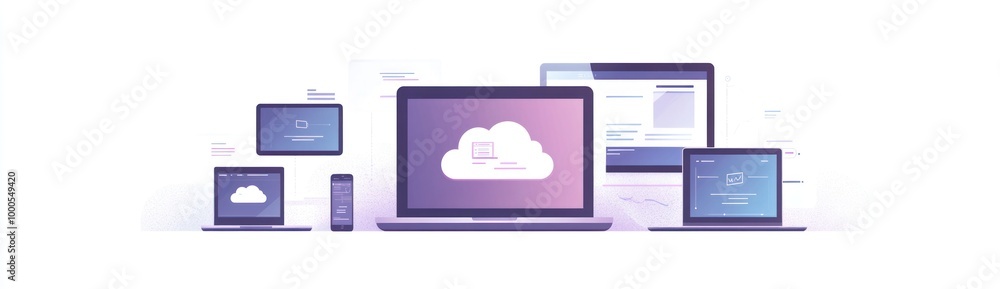 Poster illustration of various devices displaying cloud technology concepts.