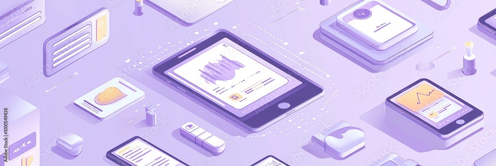 Poster a digital illustration featuring mobile devices and data analytics visuals.