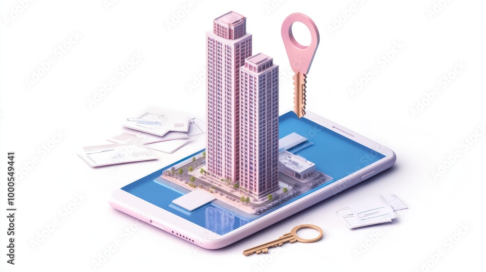 Aufkleber a smartphone displaying a digital model of a building with a key, symbolizing real estate.