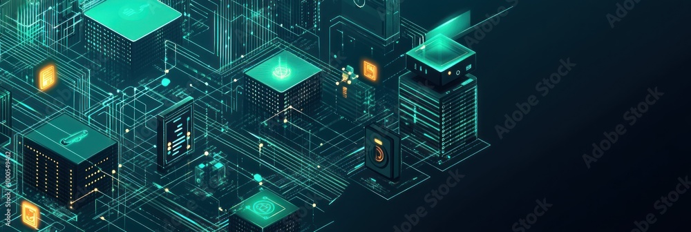 Poster futuristic digital landscape with interconnected circuits and data nodes.