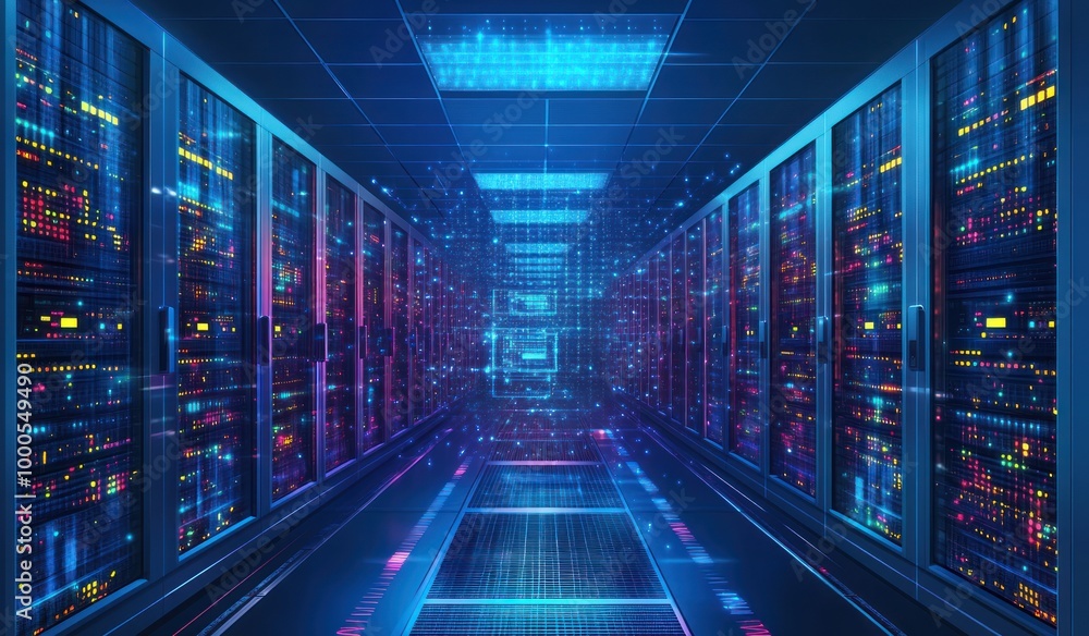 Poster a futuristic server room showcasing advanced technology and data storage systems.