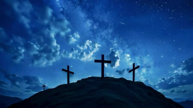crosses on the hill with clouds moving on the starry sky