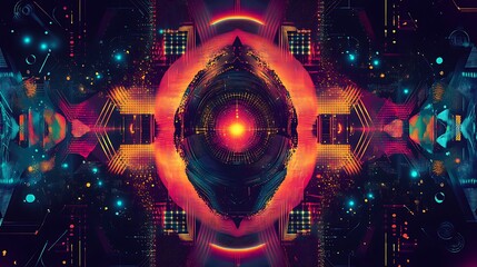 Abstract digital art with a glowing orb in the center surrounded by geometric shapes and patterns.