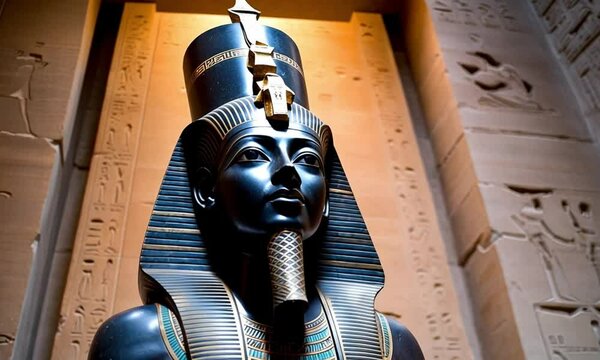The ebony statue of Osiris is a majestic and timeless depiction, with serene power and intricate hieroglyphs.
