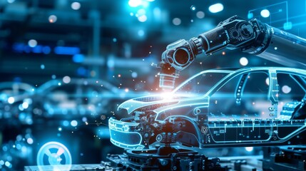 A robotic arm working on the construction of a high-tech car on a fully automated production line. The advanced technology and digital elements emphasize the future of the automotive industry.