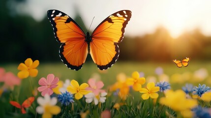 Monarch Butterfly Flying Over Vibrant Wildflowers in Sunny Meadow