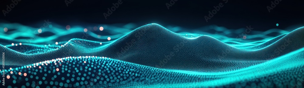 Poster abstract representation of flowing waves with glowing particles.