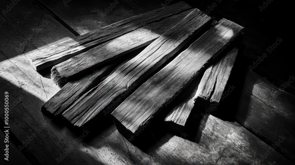 Poster a stack of weathered wooden planks resting on a surface, illuminated by soft light.