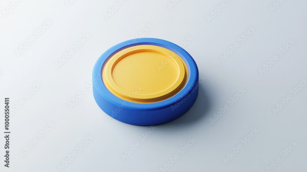 Poster a circular object with a blue outer ring and a yellow inner circle, possibly a lid or button.