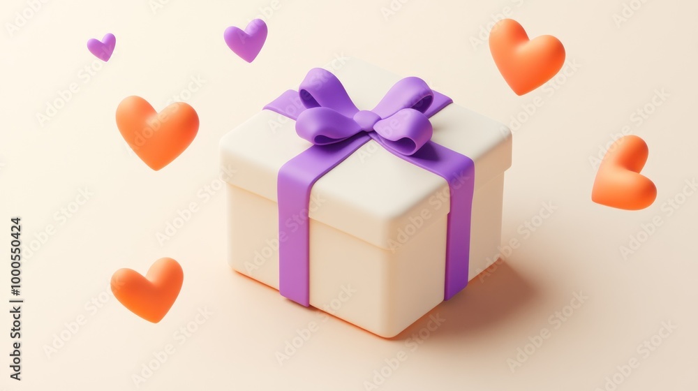 Wall mural A gift box with a purple ribbon surrounded by floating orange hearts, symbolizing love and celebration.